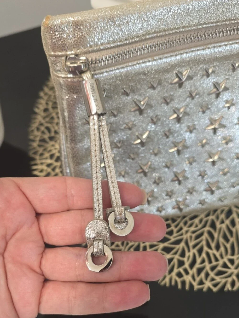 Jimmy Choo Metallic Silver And Gold Star-Studded Wristlet Clutch
